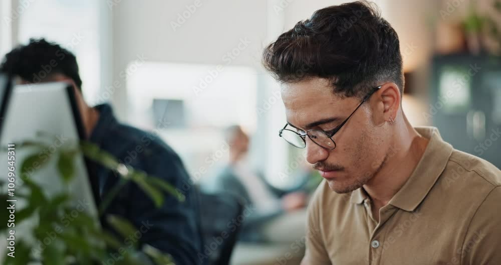 Poster Computer, glasses and software development with man programmer in office for coding or engineering. Desktop, reading and typing with serious employee in workplace for problem solving or thinking