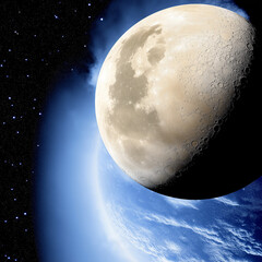 Naklejka premium A close-up view of the moon with Earth’s blue horizon in the background, symbolizing cosmic wonder and space exploration