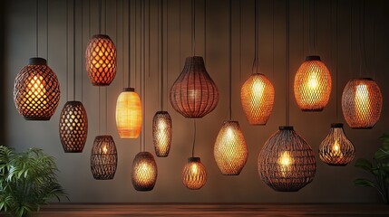 Obraz premium Realistic elements of vintage and modern lamps, hanging from the ceiling for interior design purposes.