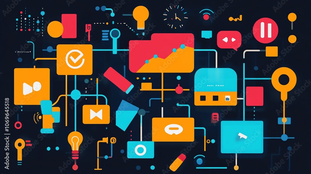 Poster Abstract illustration of connected colorful icons representing various business processes and tasks on a dark background.