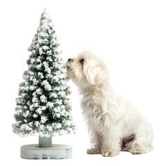 Maltese dog beside a mini Christmas tree, isolated on white background 