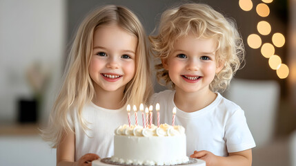 Blonde children laughing in front of a birthday cake