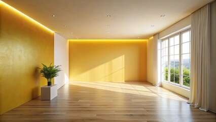 Fototapeta premium A minimalist living space with warm, inviting yellow walls, recessed lighting, and large windows that offer a glimpse of nature.