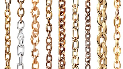 Realistic vector illustrations of golden chains displayed against a white background.