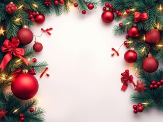 A festive Christmas background with red and green decorations and twinkling lights, cozy