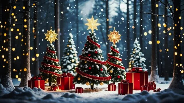 christmas tree with snow gifts boxs 4k video