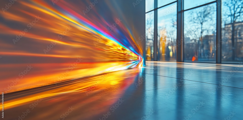 Poster Abstract light streaks in an empty modern interior with a large window.