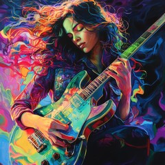Obraz premium Vibrant Portrait of a Woman Playing Electric Guitar in a Colorful Abstract Style with Dynamic Lighting and Expressive Energy