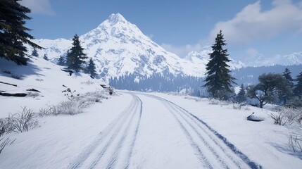 Snowy Mountain Road with Tire Tracks and Pine Trees   Winter Landscape