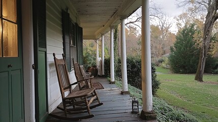 Classic farmhouse porch invites relaxation with wooden rocking chairs