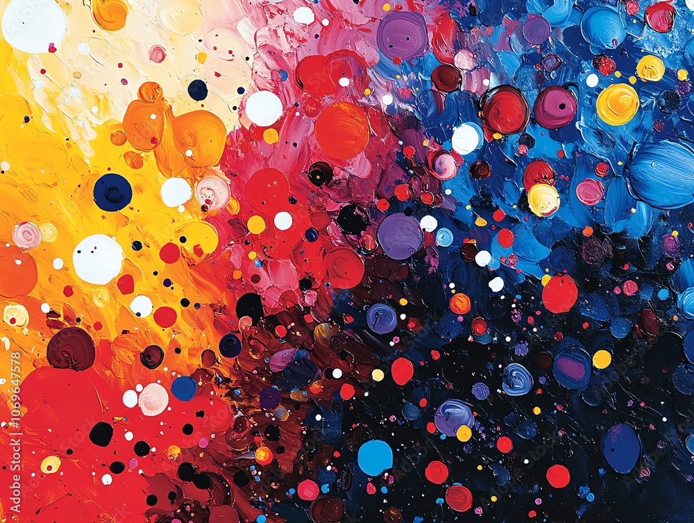 Poster Abstract painting with vibrant colors and dots, creating a dynamic and colorful composition.