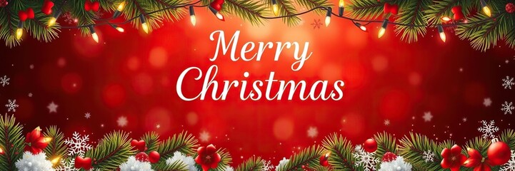 A festive Christmas holiday greeting banner template with traditional red and green colors, twinkling lights, and snowflakes, twinkling lights, red