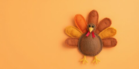 Crafted felt turkey in orange brown and yellow hues on orange background, festive