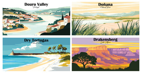 Travel landmarks tourism world famous, Vector illustration. Design for travel wallpaper, flyer or web banner design template. Panorama view. Copy space