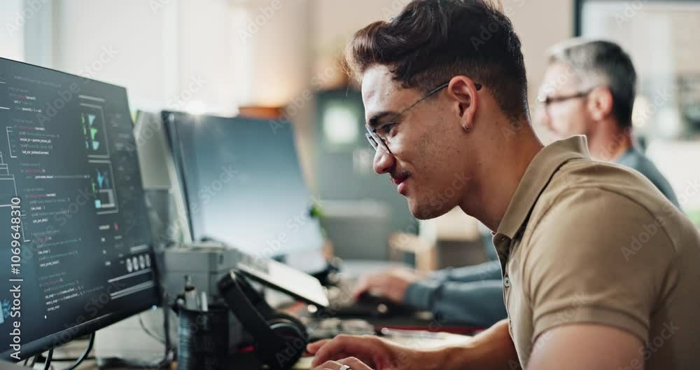 Fototapete Man, office and happy with coding on computer for programing and system update as software engineer. Male person, employee and smile or pride with innovation project, data development and website