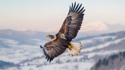 Majestic Bald Eagle Soaring Over Snowy Mountain Landscape