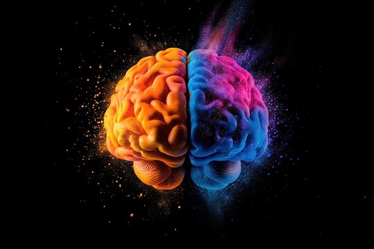 A colorful brain explodes into a cloud of vibrant dust on a black background.