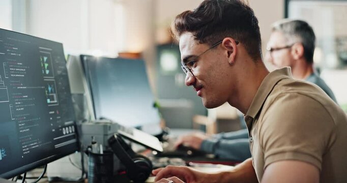 Man, office and happy with coding on computer for programing and system update as software engineer. Male person, employee and smile or pride with innovation project, data development and website