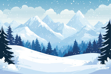 Christmas landscape of winter mountains and forests. Beautiful rocks and mountain peaks in the snow, spruce, pine and large snowdrifts in snowy weather. New Year's design.