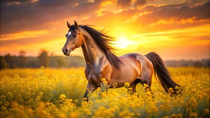 A Majestic Chestnut Horse Runs Through a Field of Golden Flowers, Silhouetted by a Dramatic Sunset Sky