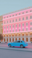 Obraz premium Blue Car Driving Past a Pink Illuminated Building in the City