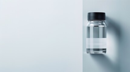 Clean modern water bottle with safety cap and half-filled with clear water on white background, symbolizing hydration and drinking safety, ample copy space for text overlay.