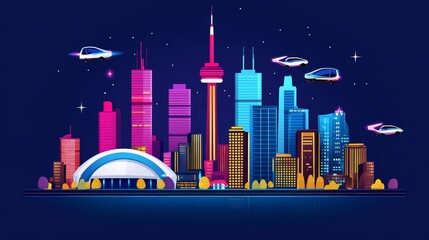 Naklejka premium Futuristic Cityscape Flying Cars Neon Buildings Night Skyline