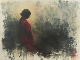 Obraz premium Silhouette of a Woman in Red: A Contemplative Abstract Portrait