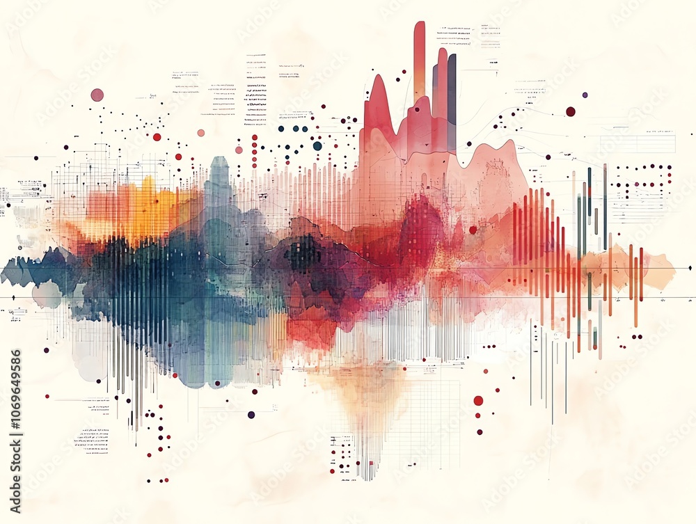 Poster abstract watercolor illustration of a city skyline with data visualizations and charts.