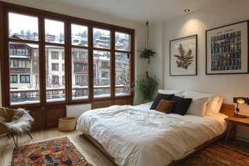Cozy Bedroom with a View of Snowy Houses and a Warm Rug