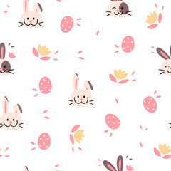 Seamless vector pattern for Easter. Seamless pattern of colorful silhouettes of rabbits, eggs and wild flowers.