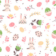 Seamless vector pattern for Easter. Seamless pattern of colorful silhouettes of rabbits, eggs and wild flowers.