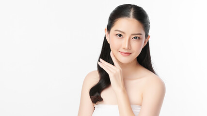 Beautiful young asian woman with clean fresh skin on white background, Face care, Facial treatment, Cosmetology, beauty and spa, Asian women portrait.