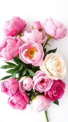 Fototapeta premium Fresh bunch of pink peonies and roses with copy space on white background, romantic, fresh
