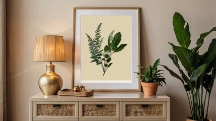 Elegant stylish living room interior design with faux poster frames, beige sideboard, plants and vintage personal accessories. Copy space. Template