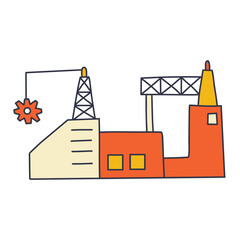 Cartoon illustration of an industrial facility with various structures, including a smokestack and a building with windows, in orange and yellow tones.