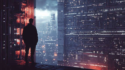 Fototapeta premium Silhouette of a lone figure overlooking a futuristic cityscape filled with glowing lights and high-tech architecture