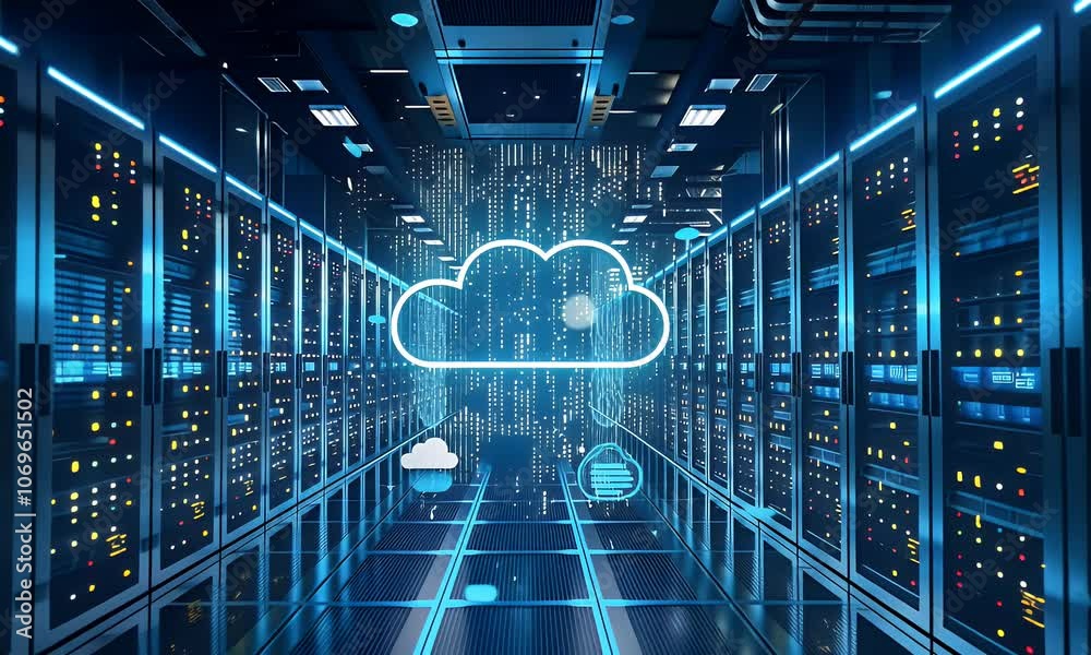 Poster a futuristic digital cloud symbol floating above rows of computer server cabinets in an data center,