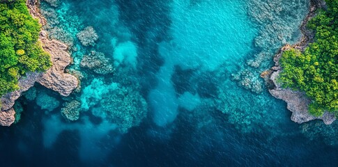 Obraz premium Aerial view of a tropical island with clear blue water and lush green foliage.