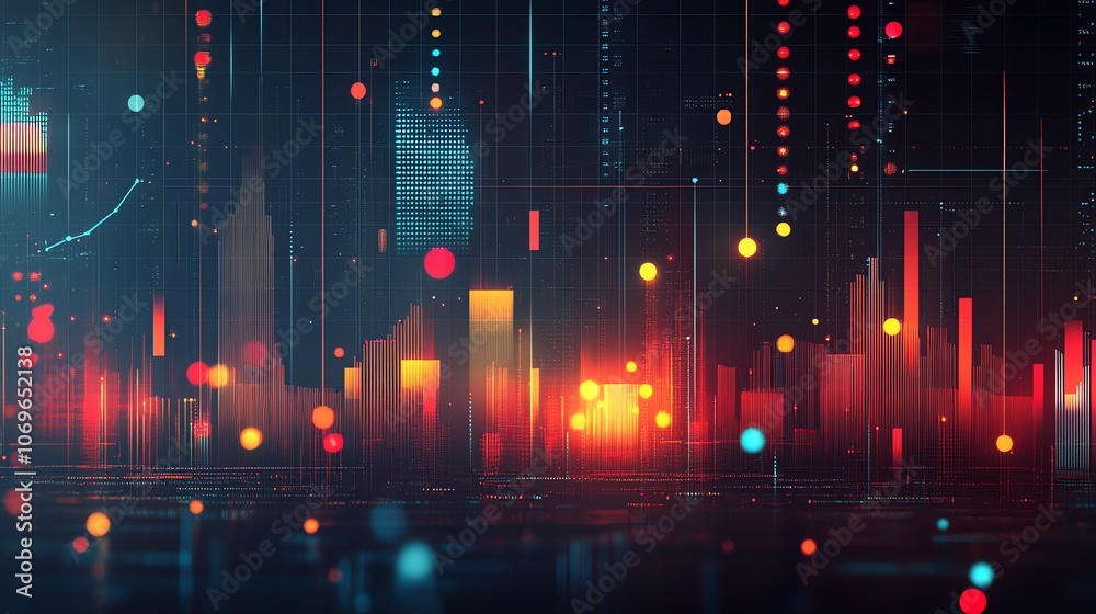 Poster An abstract digital cityscape with glowing lights, lines, and dots creating a futuristic and dynamic aesthetic.