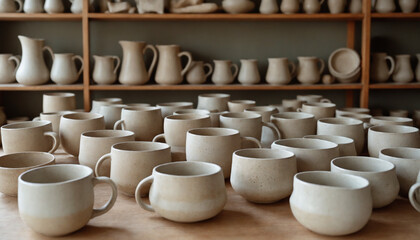 Collection of handmade ceramic mugs displayed on a wooden table in pottery studio