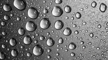 Water drops on a metallic surface in black and white. Abstract background.