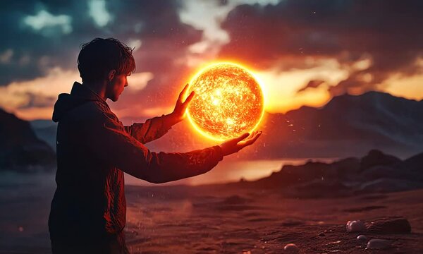 Silhouette of a Person Holding Glowing Sun Sphere by the Sea at Sunset in a Dramatic Twilight