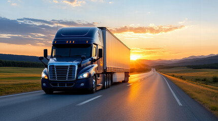 Obraz premium delivery truck drives on highway at sunset, creating scenic view