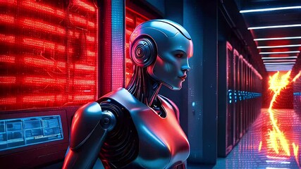 A futuristic robot stands in a server room, bathed in red and blue light, with a glowing lightning bolt in the distance. - Powered by Adobe