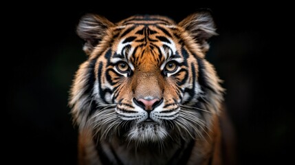 Close up Portrait of a Tiger with Intense Gaze  Black Background