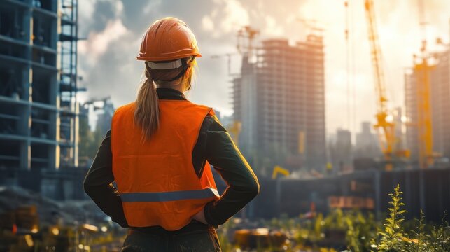 Woman quantity surveyor standing with her back and watches at a material takeoff site. Wearing a helmet and orange safety vest, exquisite detail, realistic photography, hyper realistic-realistic