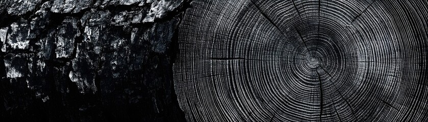 Naklejka premium Close-up of a charred tree trunk revealing intricate growth rings.