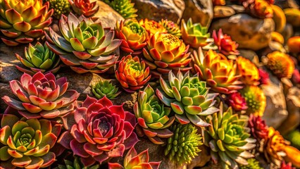 A vibrant collection of succulent plants in various shades of red, yellow, and green, nestled amongst textured rocks, a symphony of nature's artistry.