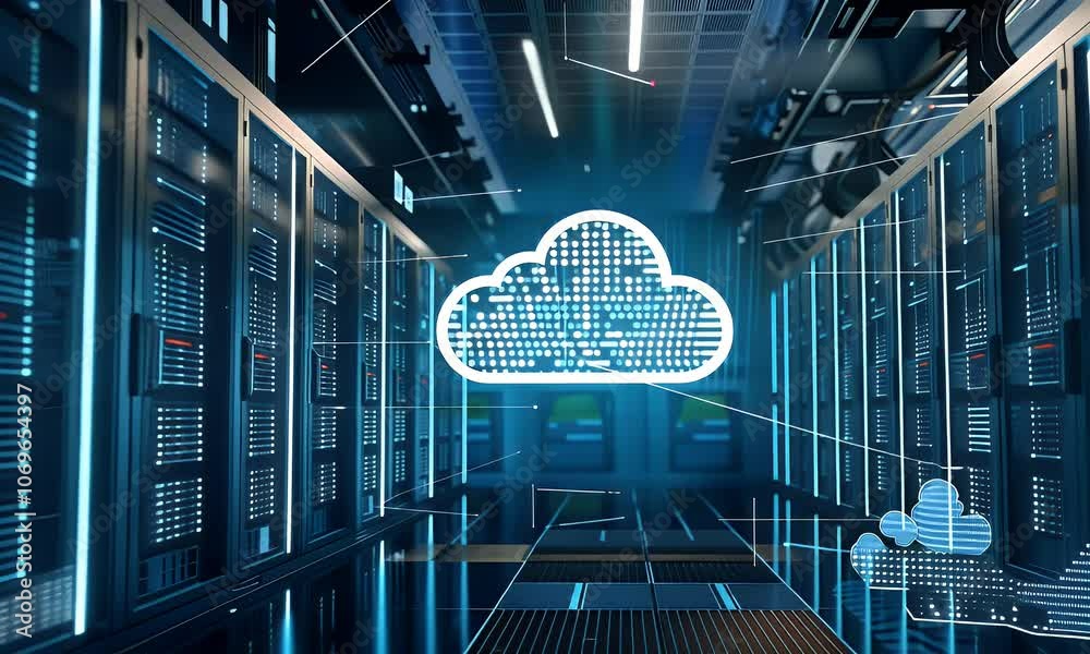 Poster a futuristic digital cloud symbol floating above rows of computer server cabinets in an data center,